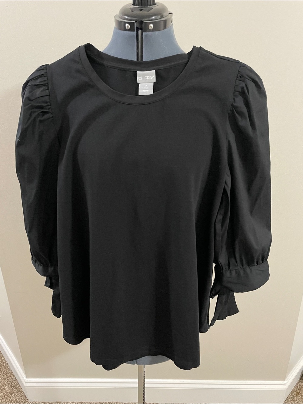 Chico's Black Puff-Sleeve Crewneck Blouse